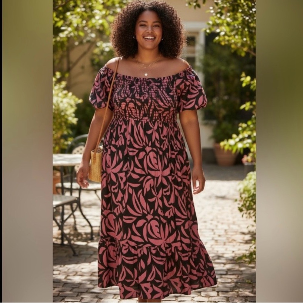 Terra & Sky Plus Size 4X Pink & Black Smocked Puff Sleeve Midi Dress